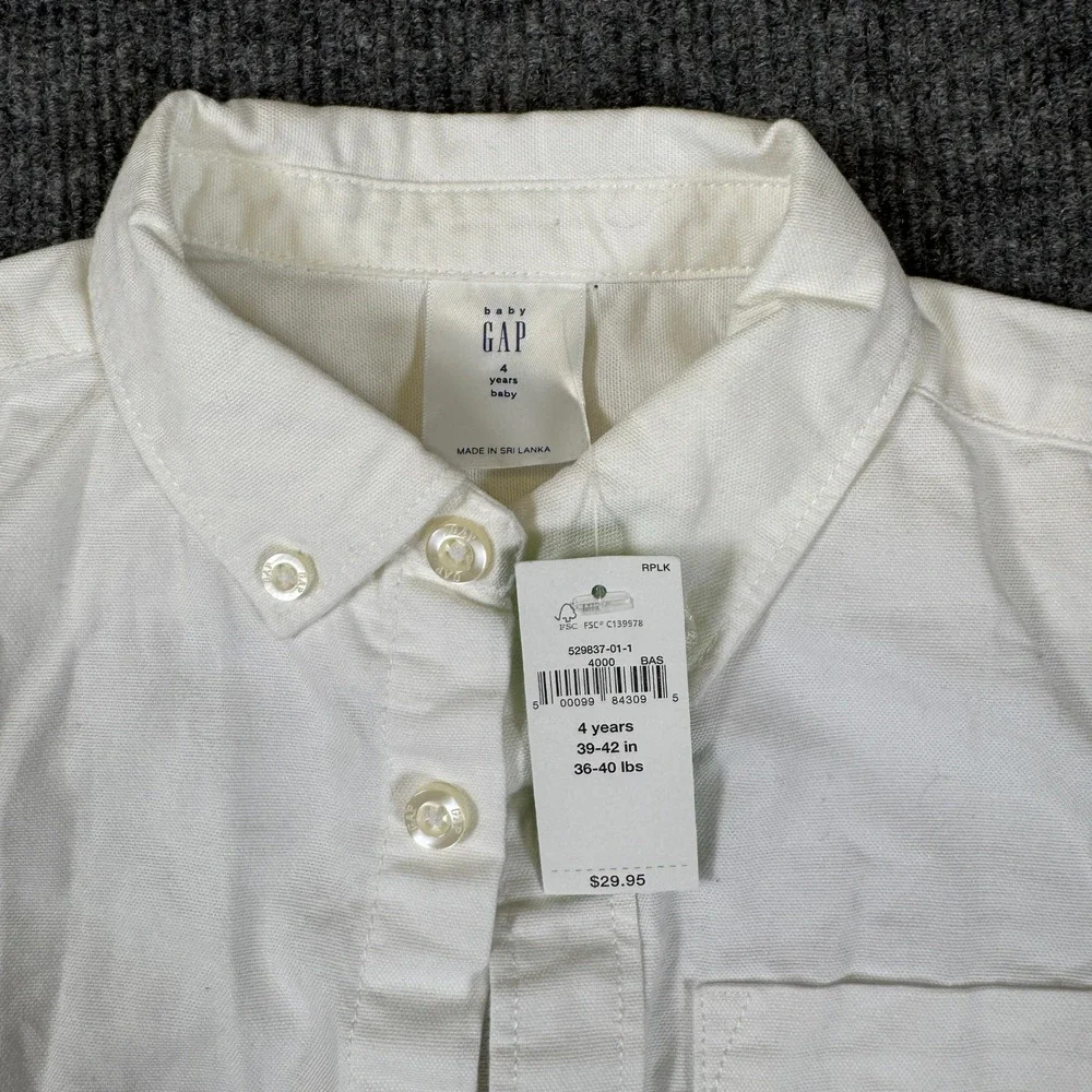 NWT Baby Gap Toddler Boys White Long Sleeve Button Down Shirt Bear Logo 4 Years